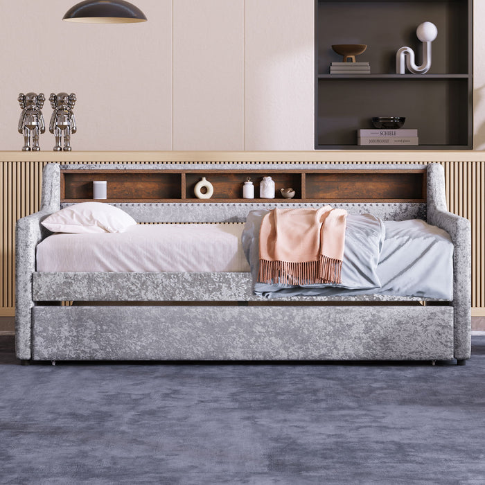 Twin Size Snowflake Velvet Daybed With Trundle And Built-In Storage Shelves, Gray