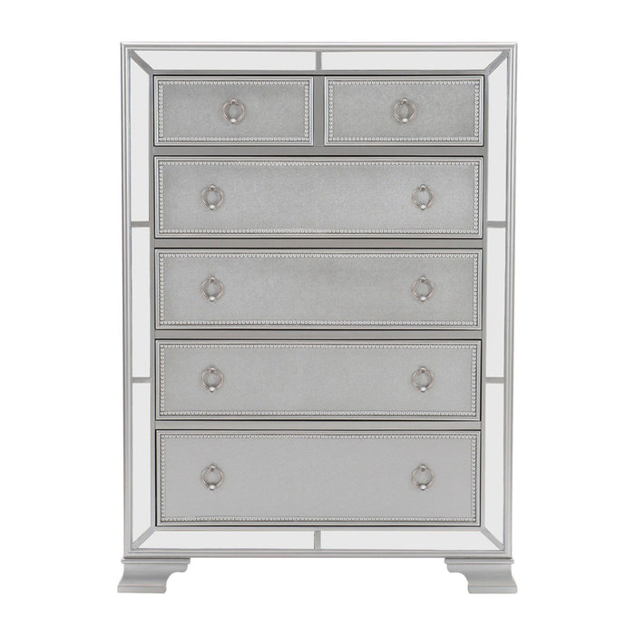 Modern Traditional Style 1 Piece Bedroom Chest Of Drawers Embossed Textural Fronts Silver Finish