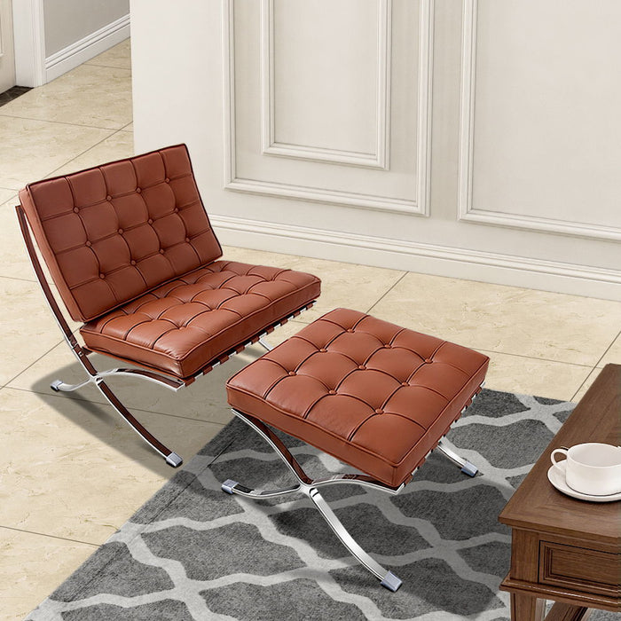Mid-Century Foldable Lounge Chair With Ottoman - Brown