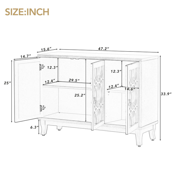 Trexm Sideboard With Glass Doors, 3 Door Mirrored Buffet Cabinet With Silver Handle For Living Room, Hallway, Dining Room (Natural Wood Wash)