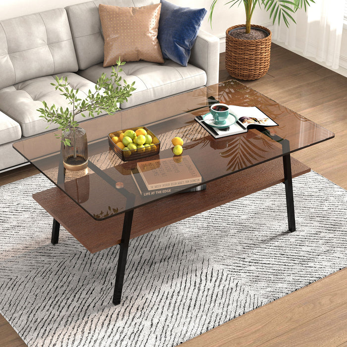 Rectangle Coffee Table, Tempered Glass Tabletop With Black Metal Legs, Modern Table For Living Room, Brown Glass