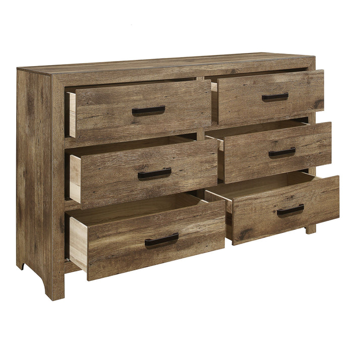 Rustic Style Dresser 6 Storage Drawers Weathered Pine Finish Wooden Bedroom Furniture