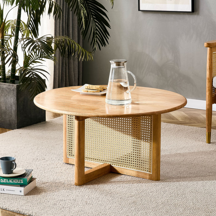 Naturally Elegant Wooden Coffee Table With Faux Rattan Accents - Perfect For Stylish Living Rooms And Cozy Tea Time
