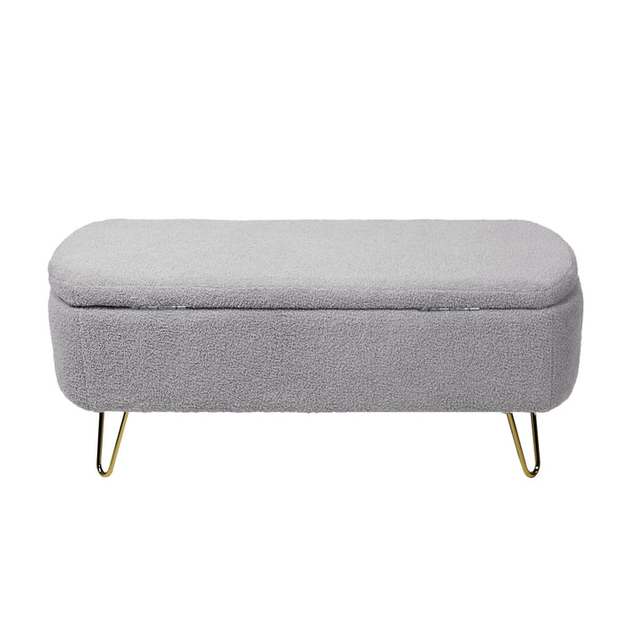 Grey Storage Ottoman Bench For End Of Bed Gold Legs, Modern Grey Faux Fur Entryway Bench Upholstered Padded With Storage For Living Room Bedroom
