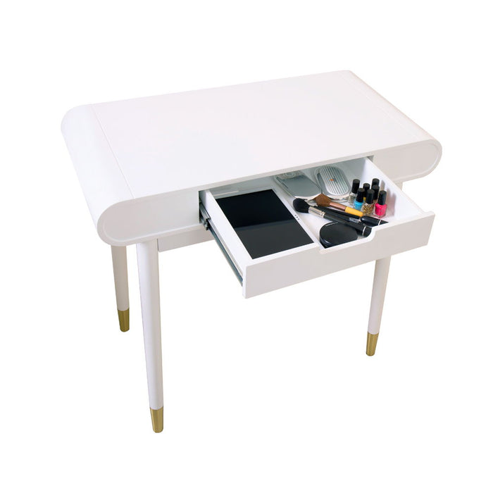 White Oval Makeup Table Set With Mirror For Bedroom, High Gloss Finish Dressing Table With Solid Stool