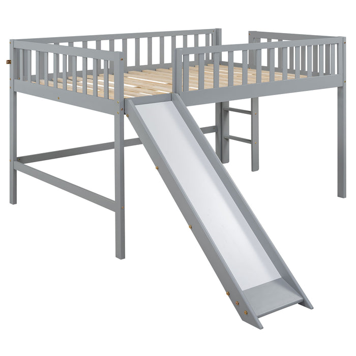 Full Size Low Loft Bed With Ladder And Slide, Gray