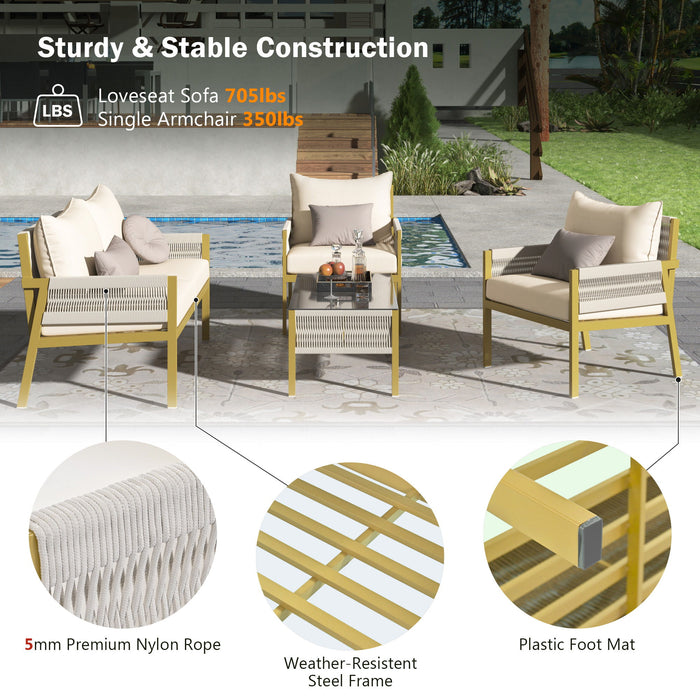K&K 4 Piece Rope Patio Furniture Set, Outdoor Furniture With Tempered Glass Table, Patio Conversation Set Deep Seating With Thick Cushion For Backyard Porch Balcony (Beige / Mustard Yellow)