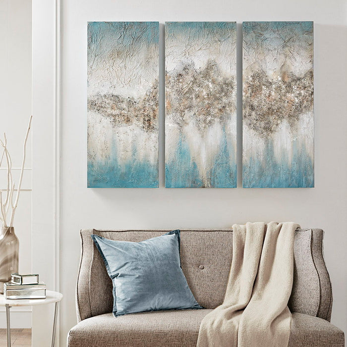 Heavily Embellished 3 Piece Canvas Wall Art Set - Blue