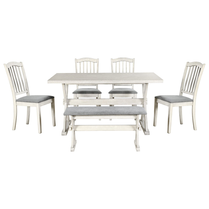 Trexm 6 Piece Rustic Dining Set, Rectangular Trestle Table And 4 Upholstered Chairs & 1 Bench For Dining Room (White Washed)