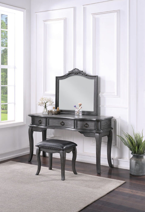 Contemporary Gray Finish Vanity Set Stool Retro Style Drawers Cabriole-Tapered Legs Mirror Floral Crown Molding Bedroom Furniture