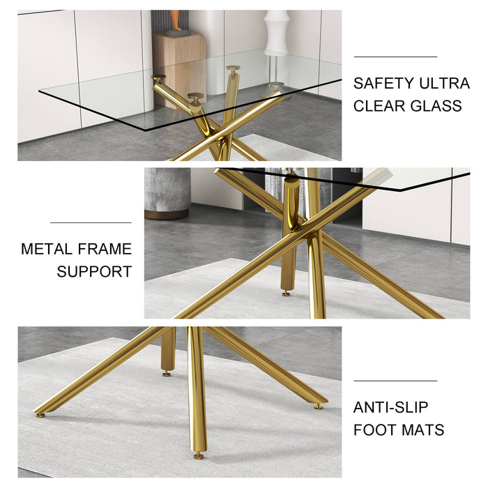 Large Modern Minimalist Rectangular Glass Dining Table, Tempered Glass Tabletop And Silver Chrome Metal Legs