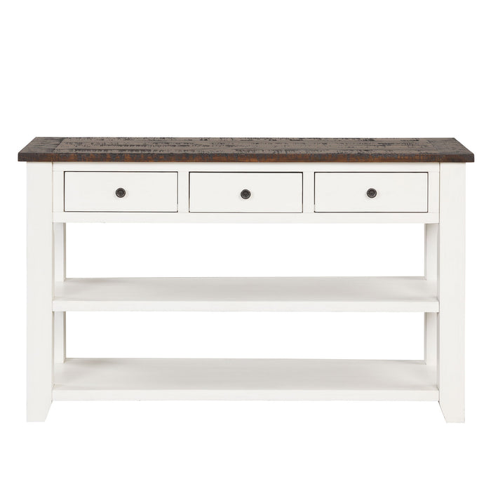 48'' Solid Pine Wood Top Console Table, Modern Entryway Sofa Side Table With 3 Storage Drawers And 2 Shelves. Easy To Assemble (Antique White And Brown Top)