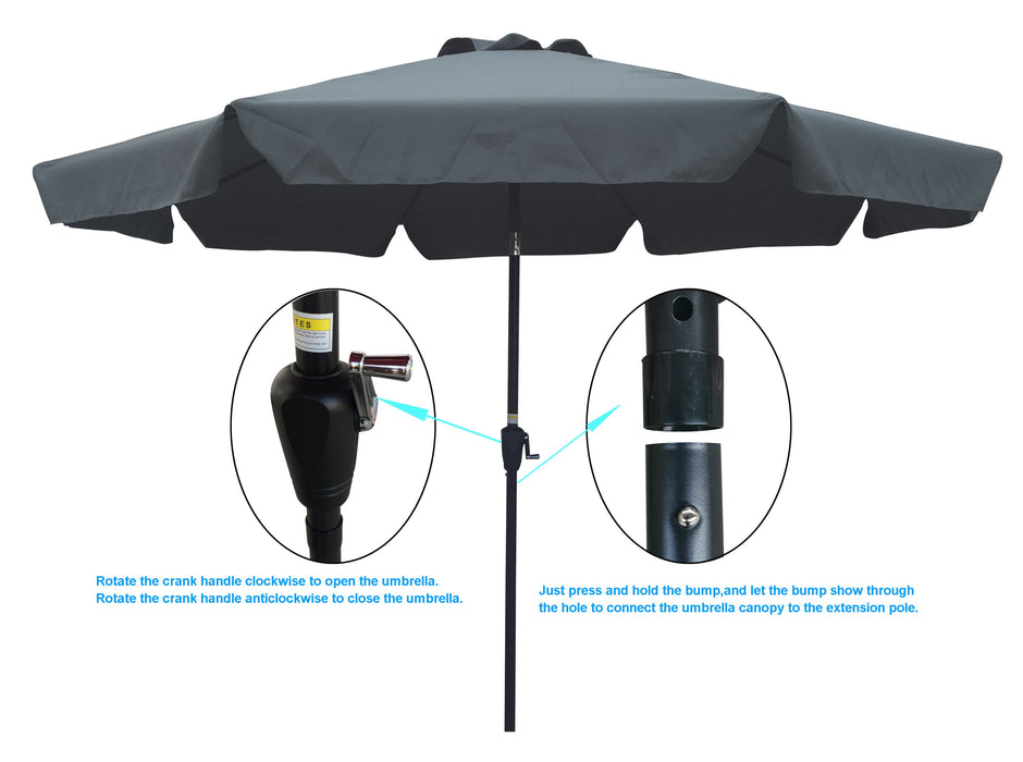 Outdoor Patio Umbrella 10 Ft (3M) With Flap, 8 Pieces Ribs, With Tilt, With Crank, Without Base, Gray / Anthracite, Pole Size 38Mm (1.49" )