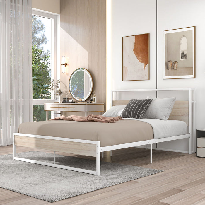 Queen Size Metal Platform Bed Frame With Sockets, Usb Ports And Slat Support, No Box Spring Needed White