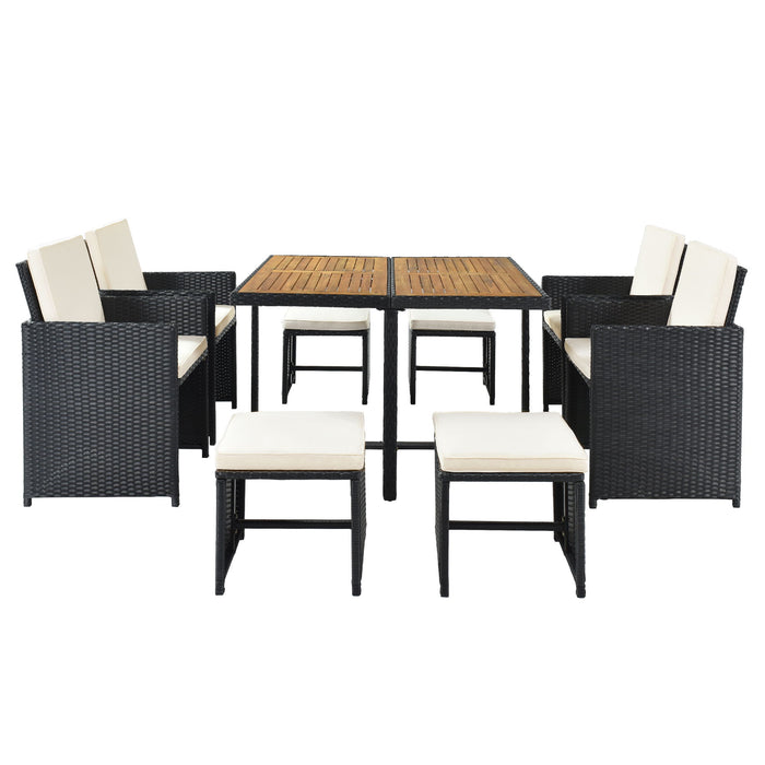 Topmax Patio All-Weather PE Wicker Dining Table Set With Wood Tabletop For 8, Black Rattan + Beige Cushion (9 Piece)