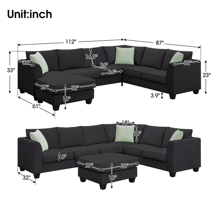 Sectional Sofa Couches Living Room Sets, 7 Seats Modular Sectional Sofa With Ottoman, L Shape Fabric Sofa Corner Couch Set With 3 Pillows, Black
