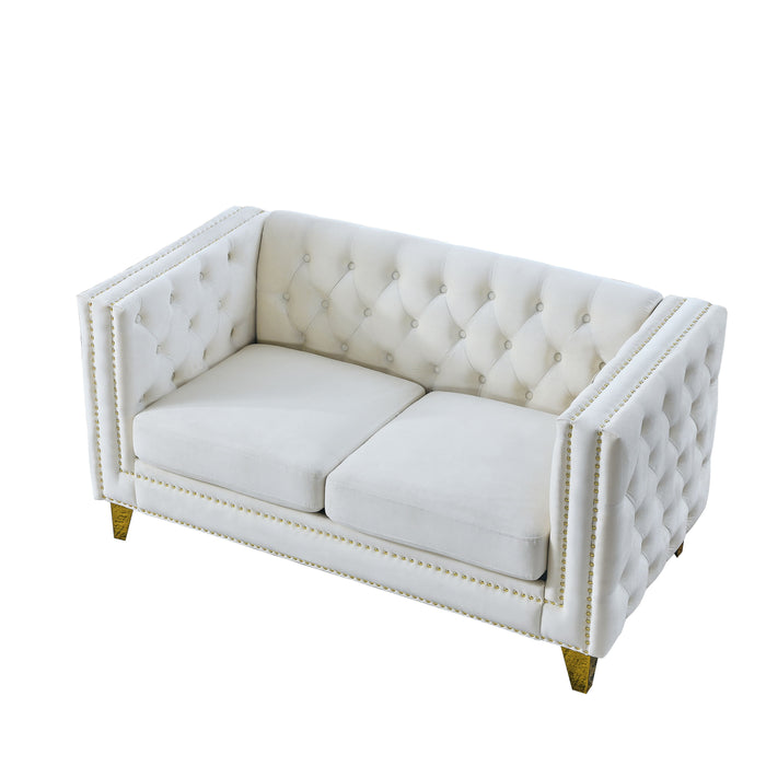Velvet Sofa For Living Room, Buttons Tufted Square Arm Couch, Modern Couch Upholstered Button And Metal Legs, Sofa Couch For Bedroom - Beige Velvet