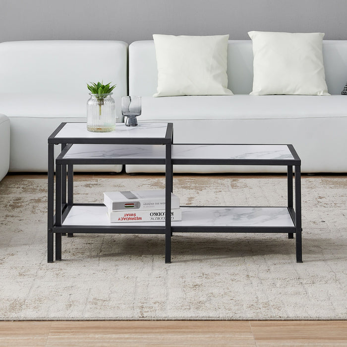 Modern Nesting Coffee Table Square & Rectangle - Black Metal Frame With Wood Marble Color Top