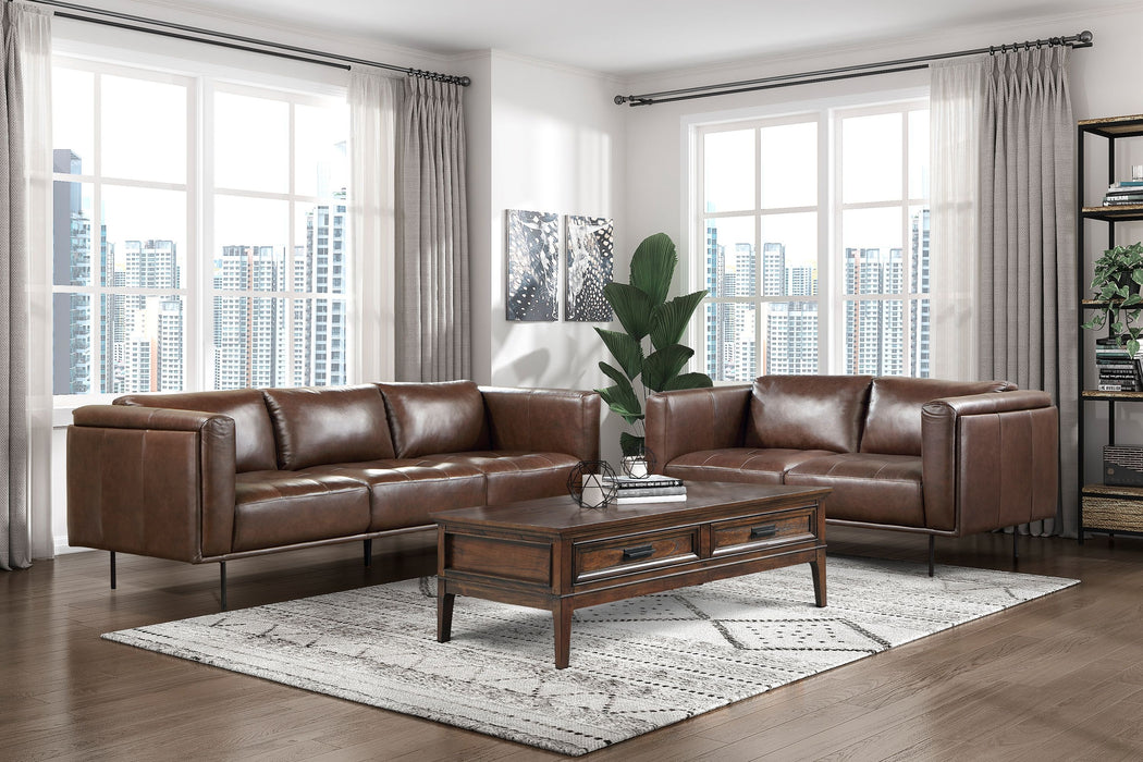 Modern Design Brown Genuine Leather Loveseat 1 Piece Luxurious Office Seating Living Room Furniture