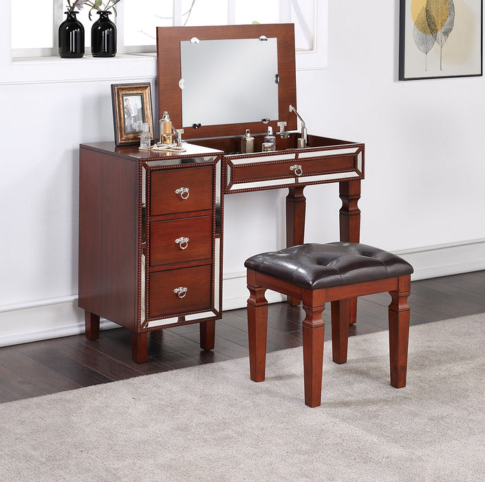 Traditional Formal Cherry Color Vanity Set Stool Storage Drawers 1 Piece Bedroom Furniture Set Tufted Seat Stool