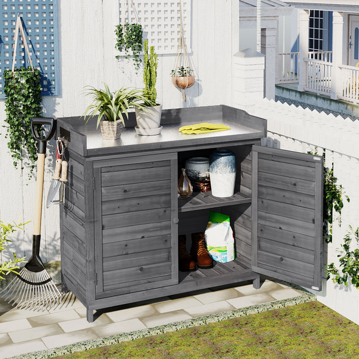 Topmax Outdoor Potting Bench Table, Rustic Garden Wood Workstation Storage Cabinet Garden Shed With 2-Tier Shelves And Side Hook, Grey
