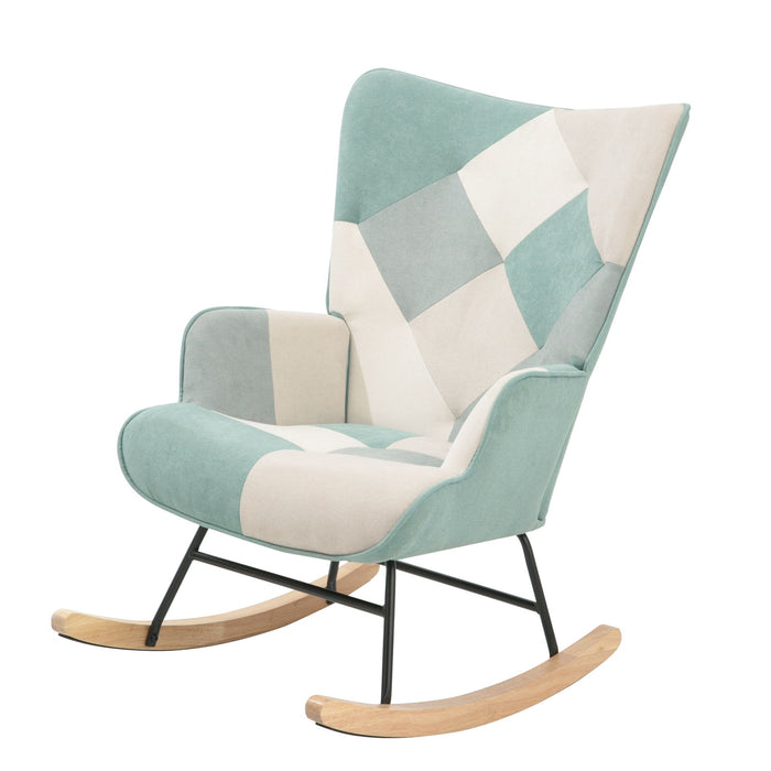 Rocking Chair, Mid Century Fabric Rocker Chair With Wood Legs And Patchwork Linen For Livingroom Bedroom - Blue