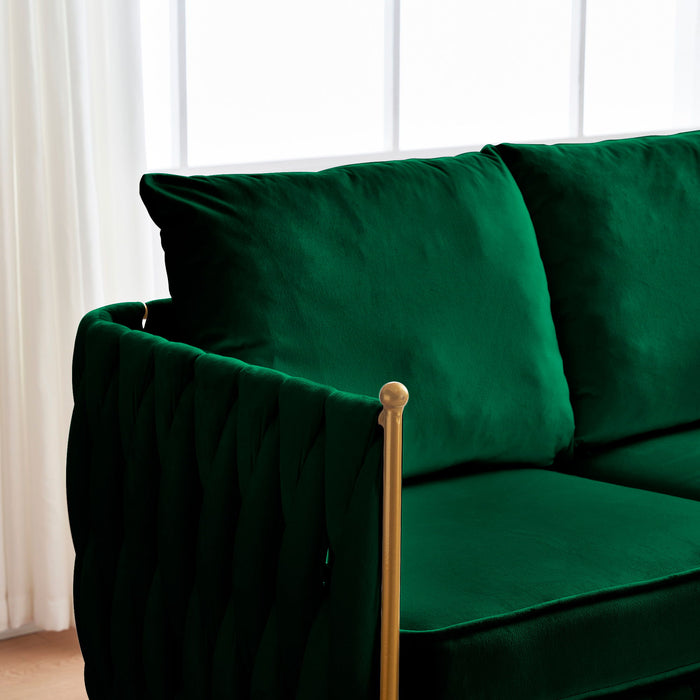 2 Pieces Velvet Sofa Couch Set, Comfy Lovesea And 3 Seater Sofa, Upholstered 2 Seater Sofa With 3 Seater Couch, Handmade Woven Back Modern Couch Set For Living Room, Green Velvet
