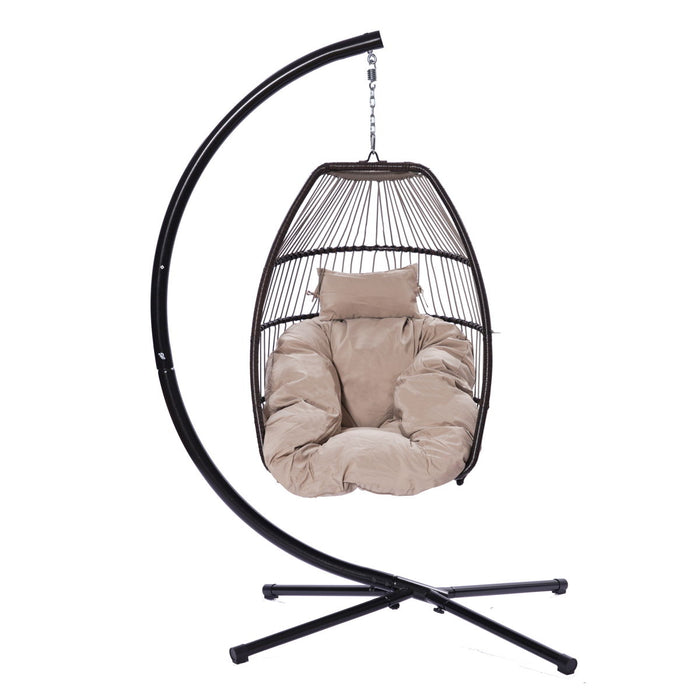 Outdoor Patio Wicker Folding Hanging Chair, Rattan Swing Hammock Egg Chair With C Type Bracket, With Cushion And Pillow - Beige brown