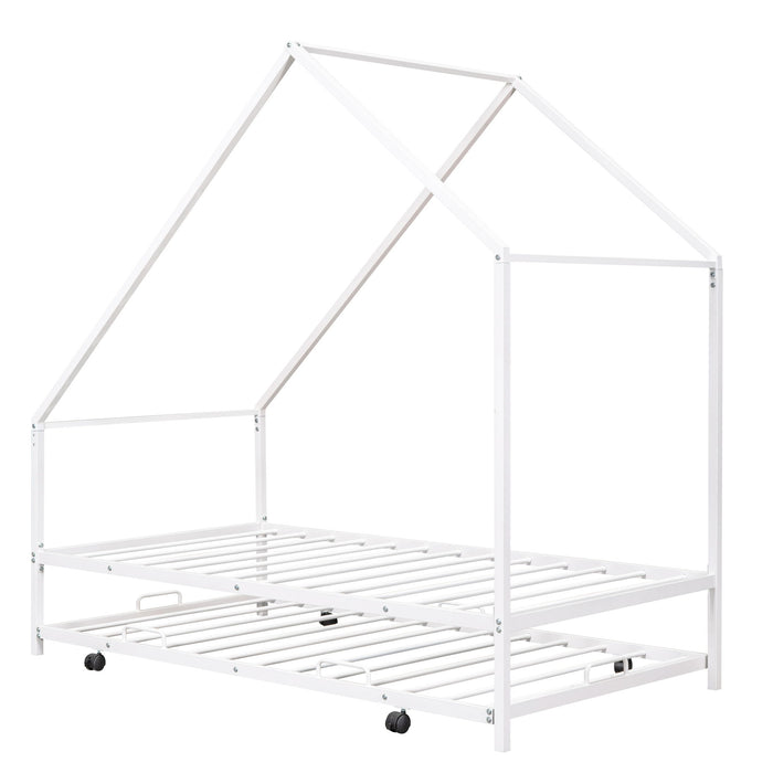 Metal House Bed With Trundle, Twin Size House Bed White