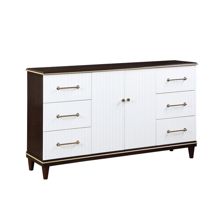 Contemporary White And Cherry Finish 1 Piece Dresser Of 6X Drawers 2X Shelves Modern Bedroom Furniture 2-Tone Finish With Gold Trim