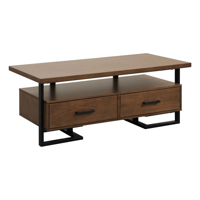 Contemporary Design Unique Frame 1 Piece Coffee Table With Drawers Walnut Finish Wood And Rustic Black Metal Finish Living Room Furniture