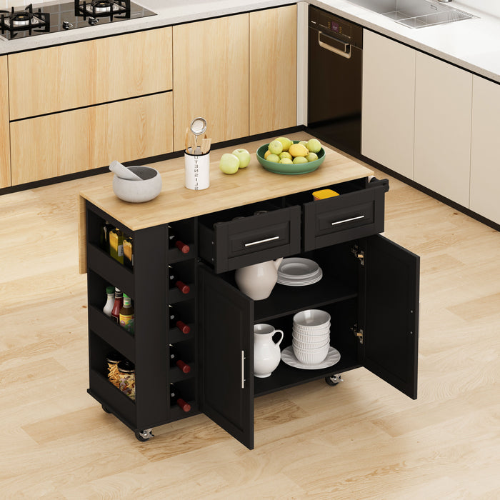 Multi-Functional Kitchen Island Cart With 2 Door Cabinet And Two Drawers, Spice Rack, Towel Holder, Wine Rack, And Foldable Rubberwood Table Top (Black)