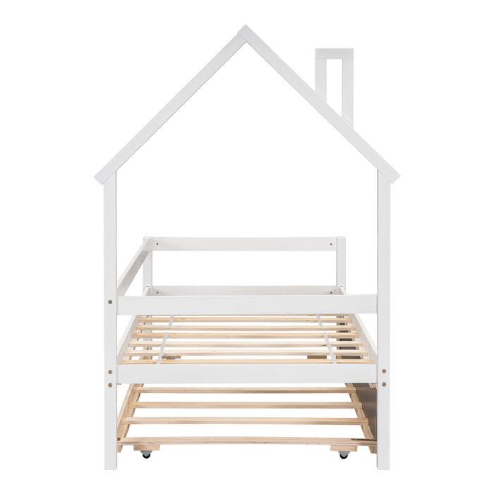 Twin Wooden Daybed With Trundle, Twin House-Shaped Headboard Bed With Guardrails, White
