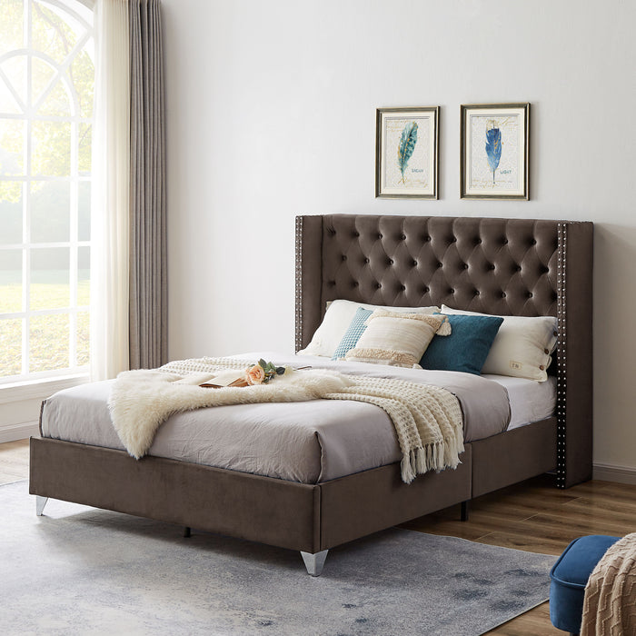 B100S Queen Bed, Button Designed Headboard, Strong Wooden Slats And Metal Legs With Electroplate - Brown