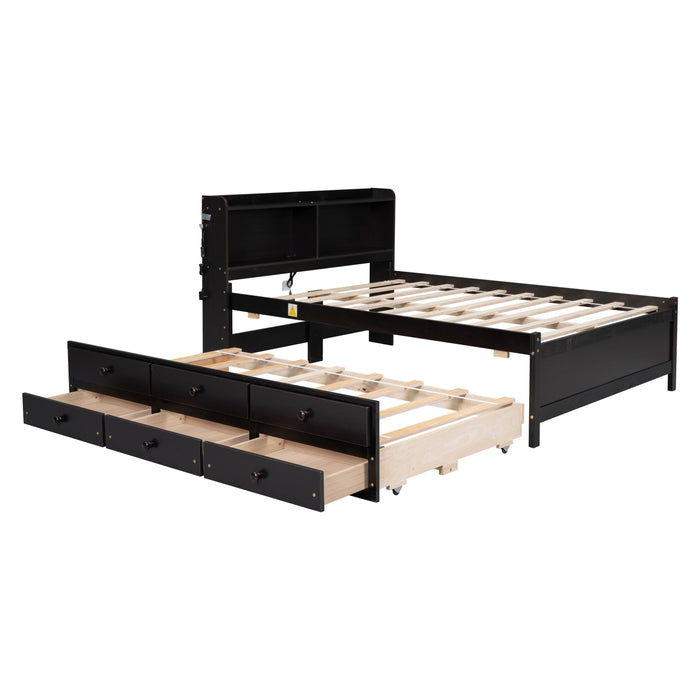 Full Size Bed With USB & Type-C Ports, LED Light, Bookcase Headboard, Trundle And 3 Storage Drawers, Full Size Size Bed With Bookcase Headboard, Trundle And Storage Drawers, Espresso