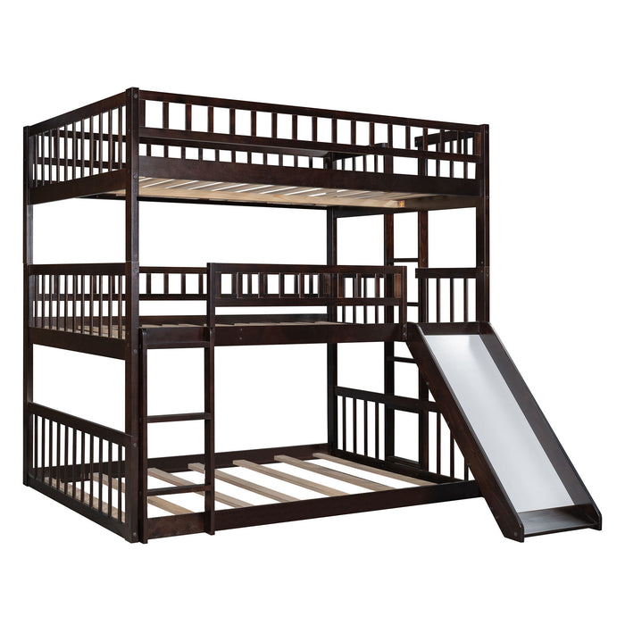 Full Over Full Over Full Triple Bed With Built In Ladder And Slide, Triple Bunk Bed With Guardrails, Espresso