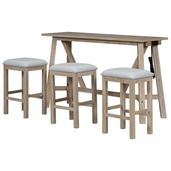 Trexm Multipurpose Home Kitchen Dining Bar Table Set With 3 Upholstered Stools (Natural Wood Wash)