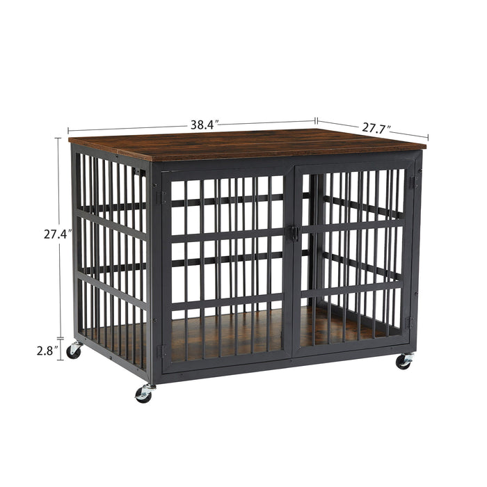 Furniture Style Dog Crate Wrought Iron Frame Door With Side Openings - Rustic Brown