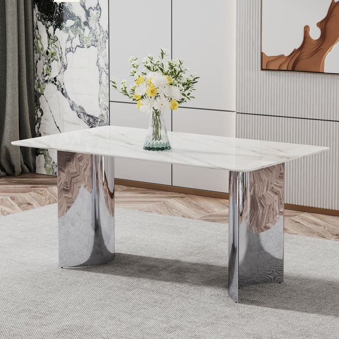 Modern Minimalist Dining Table White Imitation Marble Glass Sticker Desktop, Stainless Steel Legs, Stable And Beautiful Suitable For Living Room And Dining Room