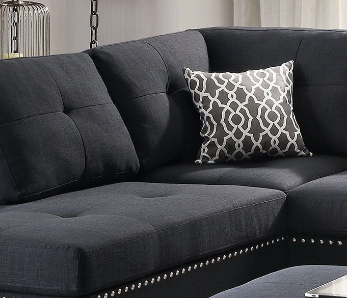 3 Pieces Sectional Sofa Black Polyfiber Cushion Sofa Chaise Ottoman Reversible Couch Pillows