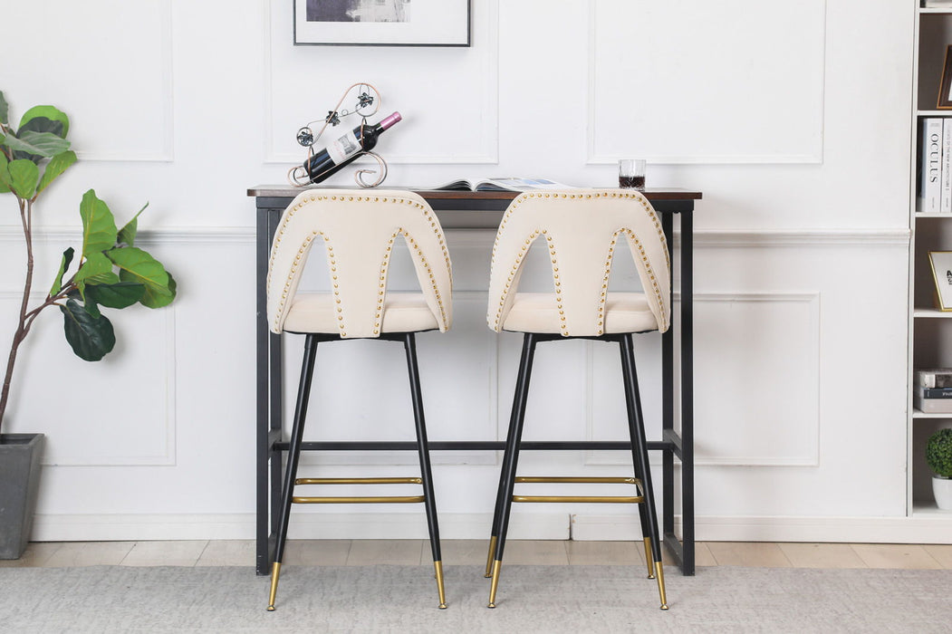 Akoya Collection Modern Contemporary Velvet Upholstered Connor 28" Bar Stool & Counter Stools With Nailheads And Gold Tipped Black Metal Legs, (Set of 2) (Beige)