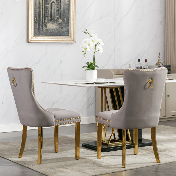 Nikki Collection Modern, High - End Tufted Solid Wood Contemporary Upholstered Dining Chair With Golden Stainless Steel Plating Legs, Nailhead Trim (Set of 2) - Gray / Gold
