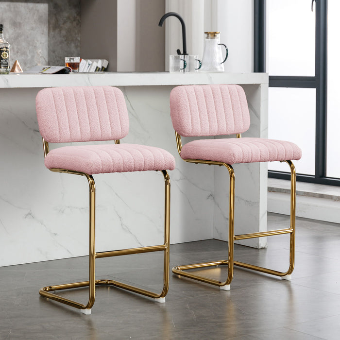 Mid-Century Modern Counter Height Bar Stools For Kitchen (Set of 2), Armless Bar Chairs With Gold Metal Chrome Base For Dining Room, Upholstered Boucle Fabric Counter Stools, Pink