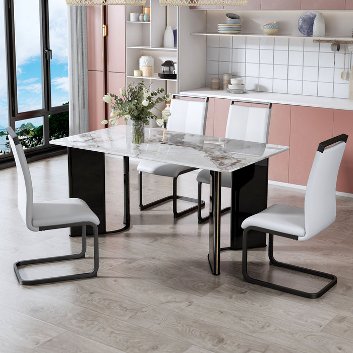 Table And Chair Set, White Imitation Marble Desktop With MDF Legs And Gold Metal Decorative Strips. Paired With 4 Dining Chairs With White Backrest And Black Metal Legs