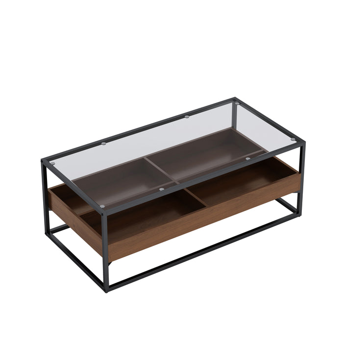 Rectangle Glass Coffee Table With Storage Shelf And Metal Table Legs, Home Furniture For Living Room