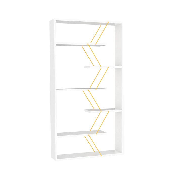 Furnish Home Store Wood Frame Etagere Open Back 6 Shelves Bookcase Industrial Bookshelf For Office And Living Rooms Modern Bookcases Large Bookshelf Organizer, White/Yellow