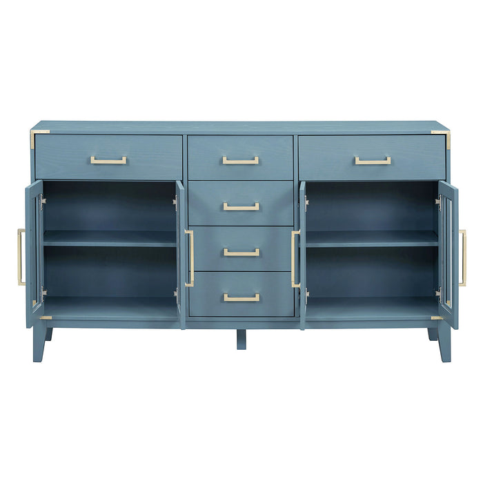 Trexm 6 Drawer And 2 - Cabinet Retro Sideboard With Extra Large Storage Space, With Gold Handles And Solid Wood Legs, For Kitchen And Living Room (Antique Blue)