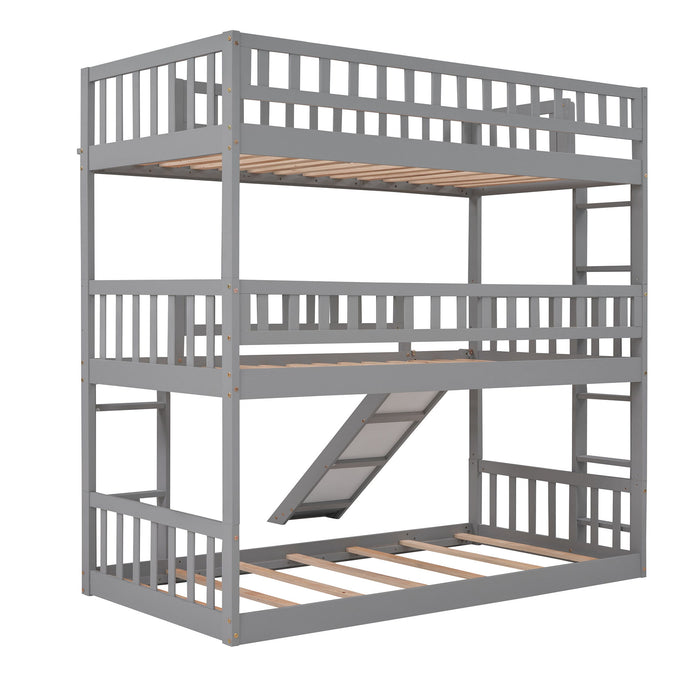 Twin-Over-Twin-Over-Twin Triple Bed With Built-In Ladder And Slide, Triple Bunk Bed With Guardrails, Gray