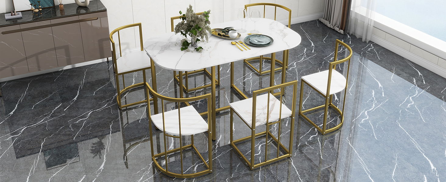 Top max Modern 7 Piece Dining Table Set With Faux Marble Compact 55 Inch Kitchen Table Set For 6, Golden / White