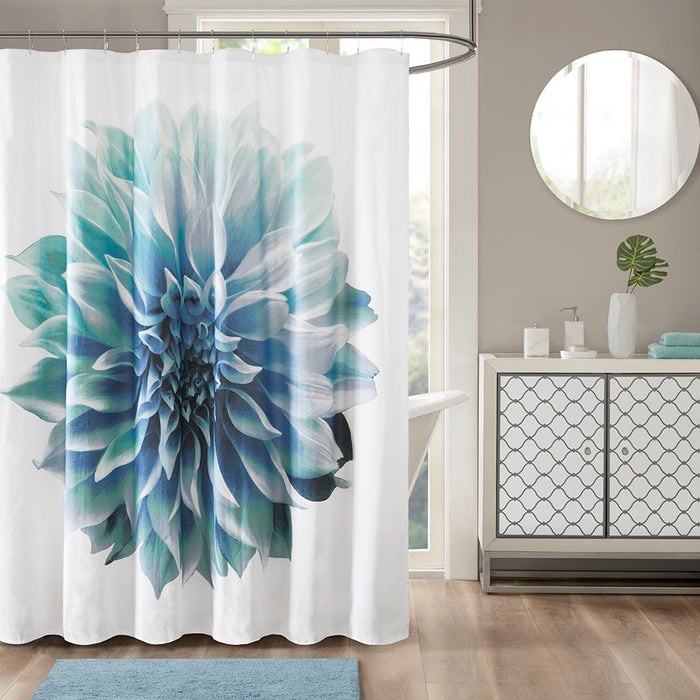 Printed Floral Cotton Shower Curtain - Aqua